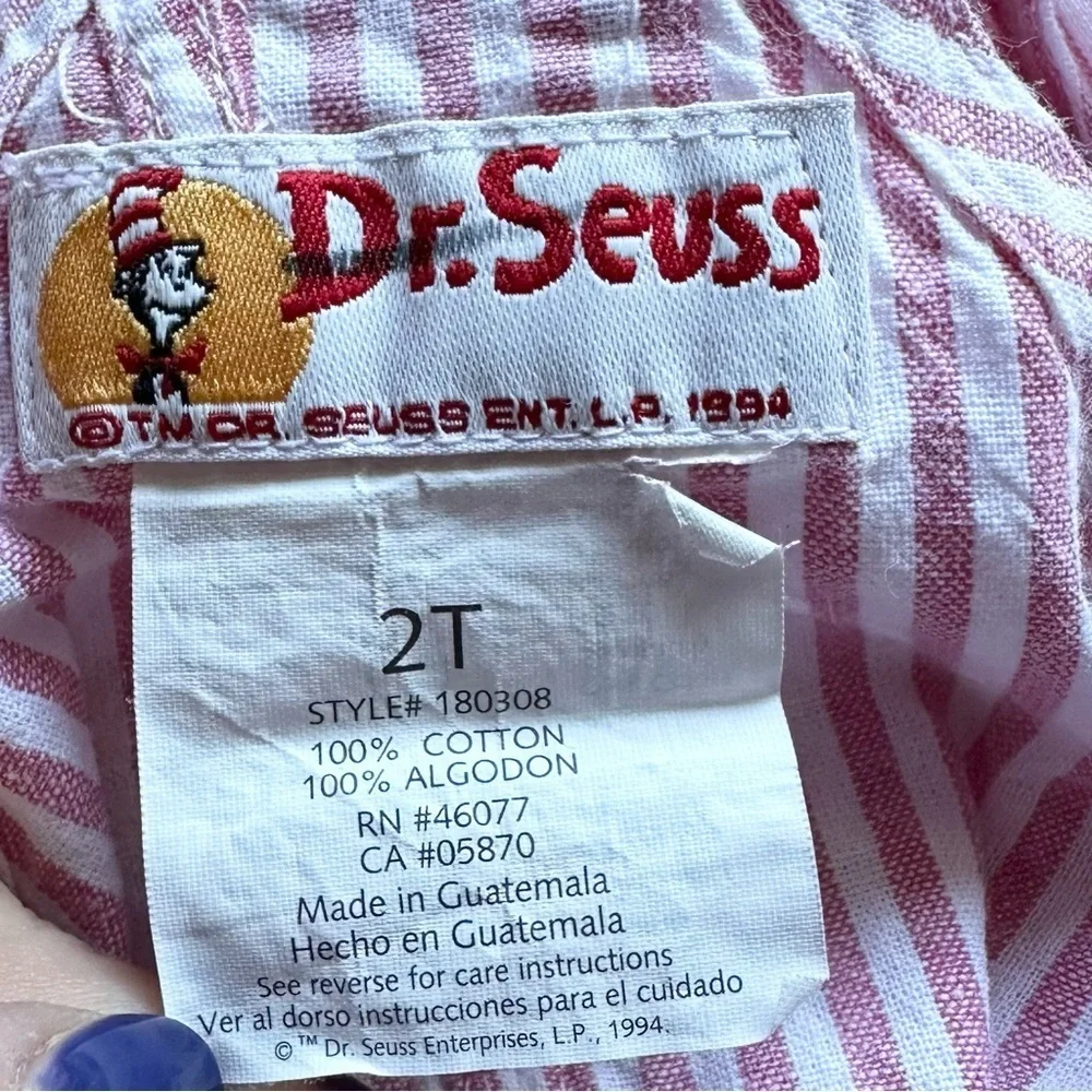 Vintage 1994 Dr. Seuss Overall Dress Toddler Girls 2T RARE striped embroidered